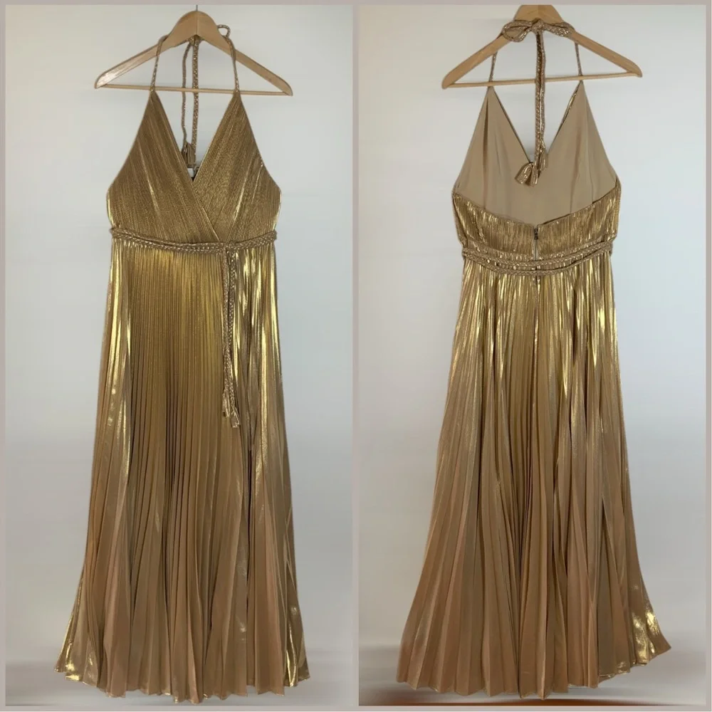 Alice + Olivia Tresa Pleated Gold Maxi Dress Size 12 New with Tags - Picture 2 of 10